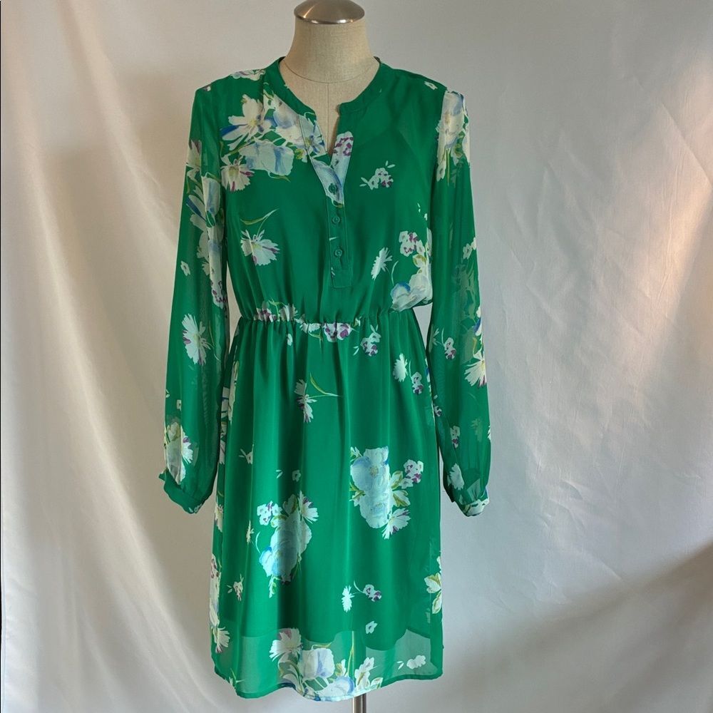 Old Navy emerald green/floral  chiffon long sleeves lined modest midi dress Sz S